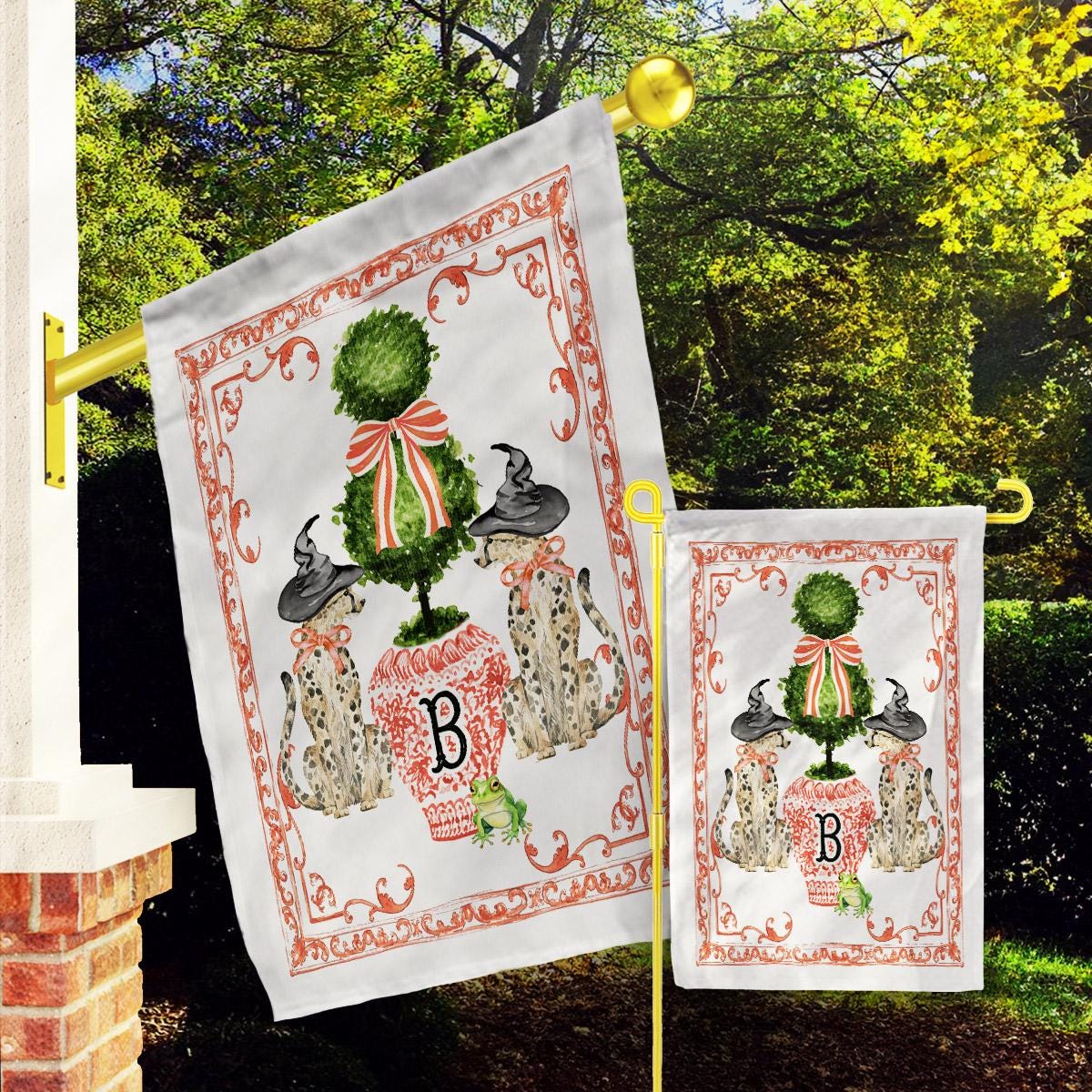 Personalized Flag, Custom Fall Garden & House Flag, Farmhouse Garden Flag, Preppy Decor, Pumpkin Topiary Chinoiserie, Witch Leopard