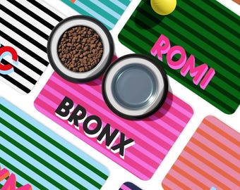 Personalized Dog Food Mat, Multiple Sizes, Pet Food Place mat, Custom Pet Floor Mat, Monogram Pet, Cat, Name, Large Shadow Initials, Stripes
