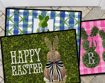 Easter Door Mat, Personalized Mat, Outdoor Indoor Mat, Floor Entry Mat, Large Doormat, Bunnies, Rattan Bow Boxwood Bunny, Preppy Maximalist