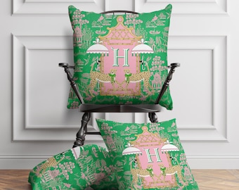 Personalized Pillow Cover, Monogram Initial, Custom Pillow Case, Modern Preppy Pillow, Cheetah, Leopard, Chinoiserie, Umbrella, Bamboo, Pink