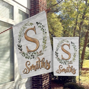 Personalized Flag, Monogram Garden Flags, Custom House Flag, Modern Farmhouse Flags, White with a Greenery Wreath and Faux Wood Letters