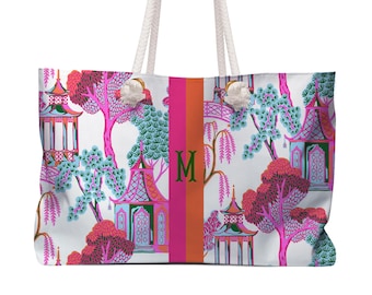 Custom Mahjong Tote Bag, Large Travel Bag, Monogram, Rope, Personalized, Letter, Initial, Dice, Chinoiserie, Pagoda, Fun, Mahjong Gift