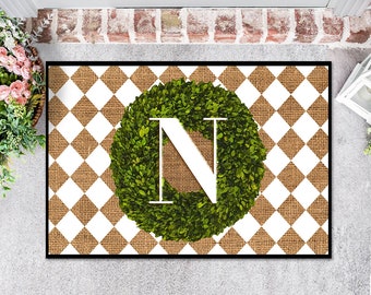 Door Mat, Personalized Mat, Outdoor Indoor Mat, Floor Entry Mat, Large Doormat, Printed Burlap, Boxwood Wreath, Initial, Diamond, Checker