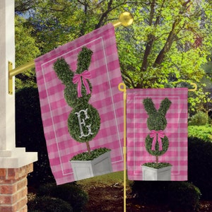 Easter Personalized Flag, Monogram Garden Flags, Custom House Flag, Modern Topiary Bunny, Topiary Rabbit, Garden Rabbit, Pink Plaid Bow image 1