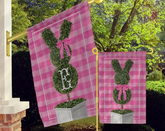 Easter Personalized Flag, Monogram Garden Flags, Custom House Flag, Modern Topiary Bunny, Topiary Rabbit, Garden Rabbit, Pink Plaid Bow