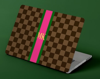 Custom MacBook Case, Air, Pro, Personalized Laptop Cover, 2-Pieces, Monogram Tech, Preppy, Initial, Name, Brown Checker, Stripes, Green Pink