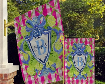 Personalized Flag, Monogram Garden Flags, Custom House Flag, Modern Preppy Flags, Hydrangeas, Maximalist, Bow, Name, Initial