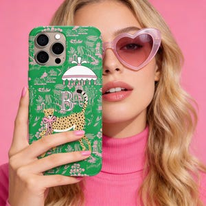 Personalized Name Initial Phone Case, Custom Letter Case, iPhone 15 Case, 14, 17, Magsafe, Pro Max, Mini,  Chinoiserie, Palm Beach Leopard