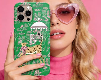 Personalized Name Initial Phone Case, Custom Letter Case, iPhone 15 Case, 14, 17, Magsafe, Pro Max, Mini,  Chinoiserie, Palm Beach Leopard