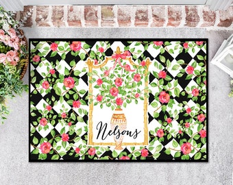 Door Mat, Personalized Mat, Outdoor or Indoor Mat, Floor Entry Mat, Large Doormat, Roses, Preppy, Vines, Chinoiserie, Name, Gift, Flowers