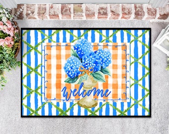 Door Mat, Personalized Mat, Outdoor or Indoor Mat, Floor Entry Mat, Large Doormat, Hydrangeas, Preppy, Vines, Name and Initial Gift, Flowers