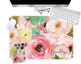 Custom Desk Pad, Multiple Sizes, Personalized Desk Cushion Pad, Monogrammed Desk Blotter Pad, Large Mouse Pad, Watercolor Flowers