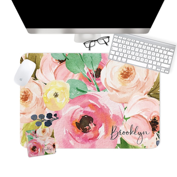 Custom Desk Pad, Multiple Sizes, Personalized Desk Cushion Pad, Monogrammed Desk Blotter Pad, Large Mouse Pad, Watercolor Flowers Brooklyn