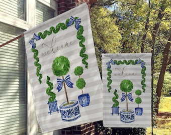 Welcome Garden Flag, House Flag, Porch Flags, Yard Flags, Fun Preppy Classy, Stripes, Topiary, Ginger Jars