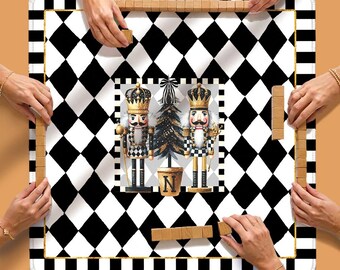 Custom Mahjong Mat, 31.5", Neoprene, Personalized, Monogrammed, Initial, Winter, Holiday, Christmas, Black White Harlequin Nutcrackers