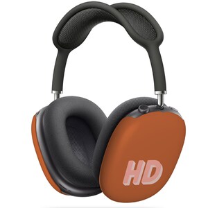 May include: Orange and black over-ear headphones with a padded headband and the word "HD" printed on the right earcup.