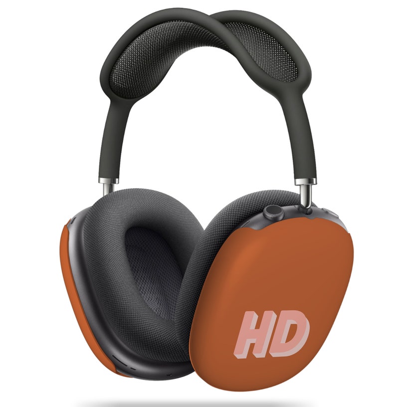 May include: Orange and black over-ear headphones with a padded headband and the word "HD" printed on the right earcup.