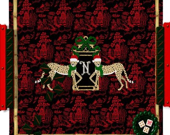 Custom Mahjong Mat, 31.5", Neoprene, Personalized, Monogrammed, Letter, Initial, Winter, Holiday, Christmas, Leopard, Chinoiserie, Pagoda