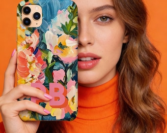 Funda personalizada para teléfono con inicial en sombra, nombre personalizado, iPhone 16e, 15, 14, 17, 12, MagSafe, Pro Max, Plus, Mini, flores, pasteles de pintura al óleo