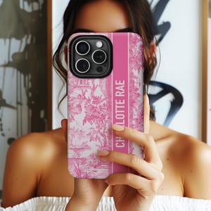 Personalized Monogrammed Phone Case, Custom Letter Case, iPhone 15 Case, 14, 17, Magsafe, Pro Max, Name, Initials, French, Pink Toile image 1