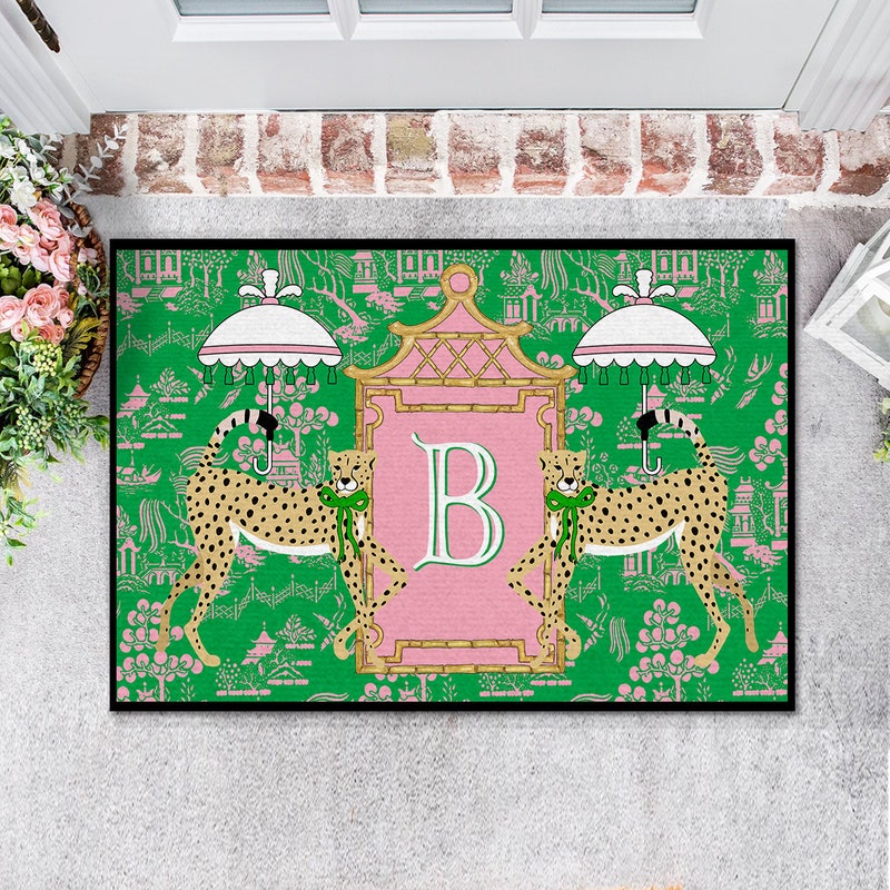 Door Mat, Personalized Mat, Outdoor or Indoor, Floor Entry Mat, Doormat, Preppy Leopard, Chinoiserie, Umbrella, Green, Pink, Initial