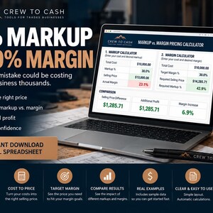 May include: A digital marketing graphic for a Crew to Cash markup vs. margin pricing calculator spreadsheet. The image features a laptop displaying financial data, a black tape measure, and a pen, with text explaining the difference between markup and margin.