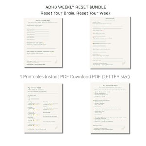 Pode incluir: Pacote ADHD Weekly Reset Bundle com quatro páginas PDF imprimíveis em tamanho carta. As páginas incluem um Weekly Time Map, Brain Dump, My School Week e My Dopamine Menu, com prompts estruturados, listas e seções de tarefas.