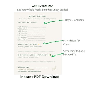 May include: A Weekly Time Map planner page with a cream background and dark text. It includes sections for Mon-Sun anchors, a Busiest Day section with a lightning bolt icon, and a section for things to look forward to with a leaf icon.