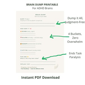 Könnte beinhalten: Eine beige, druckbare Planerseite mit dem Titel BRAIN DUMP For ADHD Brains. Sie enthält Abschnitte für DUMP IT ALL, NOW SORT IT mit Kategorien für DO NOW, DO LATER, DELEGATE, LET IT GO und PICK ONE, sowie Zeilen zum Schreiben und den Text SoulDrop.