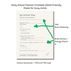 Planificador diario imprimible para estudiantes con TDAH / Herramienta para la función ejecutiva (PDF)