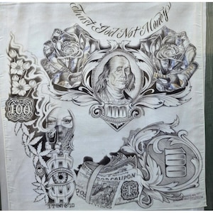May include: A white fabric print featuring black and gray ink illustrations of Benjamin Franklin, roses made of currency, a person with a bandana, a dollar sign with an eye, and the text Trust God Not Money and 1TIM 6:10 with 100 dollar motifs.