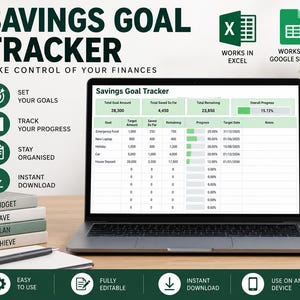 May include: A digital savings goal tracker displayed on a laptop screen, featuring columns for target amounts, saved funds, remaining balances, and progress bars. The interface includes text labels for financial goals like emergency funds and house deposits.
