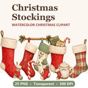 Clipart di calze natalizie, 25 immagini PNG ad acquerello con caminetto, ghirlanda e bastoncino di zucchero, download digitale