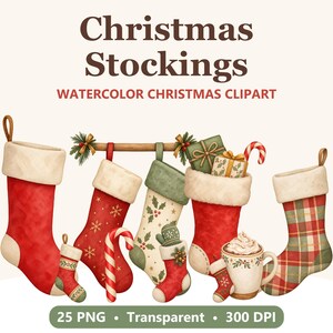 Christmas Stocking Clipart, 25 Watercolor PNG with Mantel, Garland and Candy Cane
