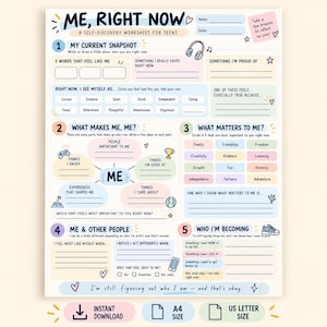 Puede incluir: Una hoja de trabajo de autodescubrimiento para adolescentes titulada ME, RIGHT NOW. La página presenta cinco secciones numeradas con indicaciones, líneas en blanco para escribir e iconos coloridos como auriculares, un mando de juego, un trofeo y una zapatilla.