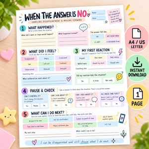 May include: A printable worksheet titled When the Answer is No: Handling Disappointment & Moving Forward. The document features five numbered sections with prompts, checkboxes, and fillable lines to help process emotions and plan next steps.