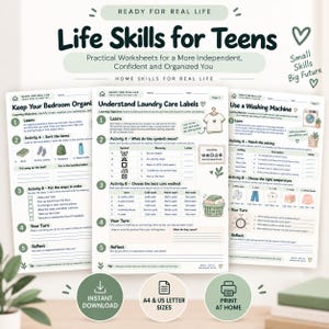 May include: Three educational worksheets titled Life Skills for Teens, featuring sections on bedroom organisation, laundry care labels, and washing machine usage. The pages include learning objectives, sorting activities, matching exercises, and reflection prompts.