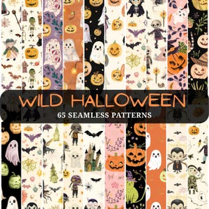 May include: A collection of 65 seamless digital patterns featuring Halloween themes including pumpkins, ghosts, bats, skeletons, vampires, and haunted houses with the text WILD HALLOWEEN 65 SEAMLESS PATTERNS displayed in orange and white.