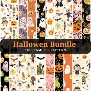 Peut inclure: Une collection numérique de 100 motifs sans couture intitulée Halloween Bundle, présentant des illustrations répétitives de citrouilles orange, fantômes blancs, chauves-souris noires, squelettes, vampires, châteaux hantés et toiles d'araignée.