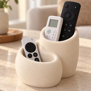 Peut inclure: Un support de télécommande à deux compartiments de couleur crème avec une finition mate texturée. L'organisateur contient trois télécommandes : une blanche avec un pavé de navigation circulaire, une blanche avec écran et une noire.
