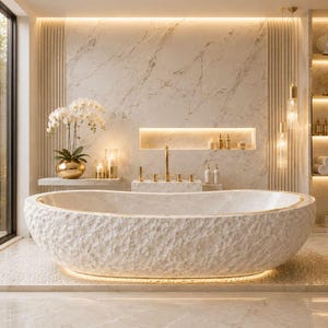 Badkar i krämfärgad marmor, fristående badkar i texturerad elfenbenssten, spa-badrumsarmatur i beige kalksten, handskuret på beställning