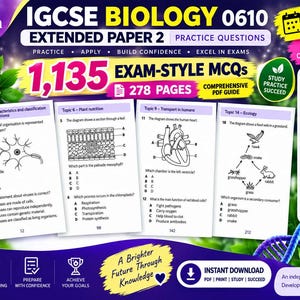 Pode incluir: Um guia de estudo digital para IGCSE Biology 0610, com 1.135 questões de múltipla escolha em 278 páginas. A capa exibe diagramas biológicos, incluindo uma célula nervosa, um corte transversal de folha, um coração humano e uma teia alimentar.