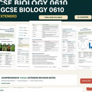 May include: A digital document titled IGCSE BIOLOGY 0610 EXTENDED 2026-2028 SYLLABUS 21 CHAPTERS. The pages feature educational content including tables, definitions, exam-style practice questions, and visual diagrams regarding biological concepts.