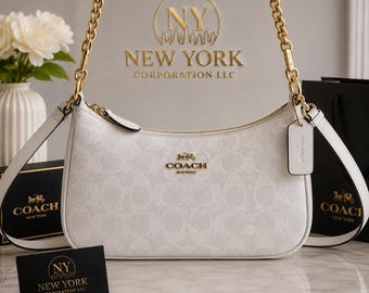 White Signature Pattern Coach Shoulder Bag – Chain Crossbody Purse