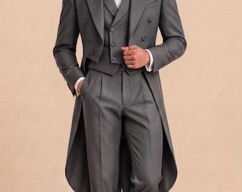 Men's Charcoal Grey Tailcoat Suit Formal Tailored Evening Tuxedo Set