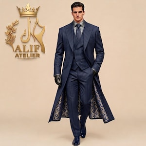 May include: A navy blue pinstriped three-piece suit featuring a long overcoat, a double-breasted waistcoat, and matching trousers. The coat interior displays a geometric pattern. The Alif Atelier logo is visible in gold on the left.