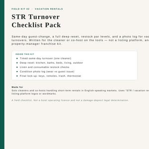 May include: A white document titled STR Turnover Checklist Pack by RECURRINGCLEANCO. It outlines field kits for solo house cleaners, including sections for timed same-day turnover, deep resets, linen restock, photo logs, and final lock-up procedures.