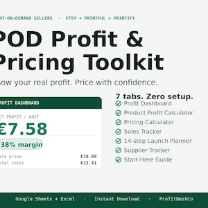 May include: A digital toolkit for print-on-demand sellers titled POD Profit & Pricing Toolkit. It features a profit dashboard showing a net profit of €7.58 and a 38% margin, alongside a list of 7 tabs including calculators and trackers.
