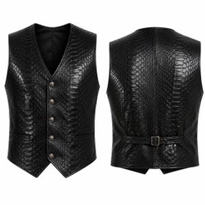 May include: A black waistcoat featuring a textured snakeskin pattern. The front displays a V-neckline with five metallic buttons and two welt pockets. The back includes an adjustable strap with a metal buckle, showcasing the same reptilian-inspired finish.