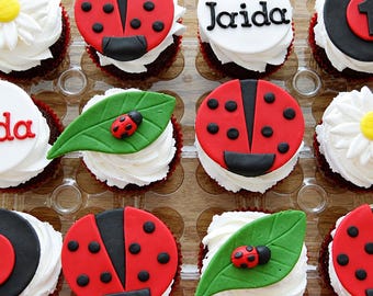 Op de afbeelding: Een assortiment van twaalf cupcakes in een plastic tray, voorzien van witte glazuur en fondantdecoraties zoals rode lieveheersbeestjes met zwarte stippen, groene bladeren, witte madeliefjes met gele harten en de naam Jaida.